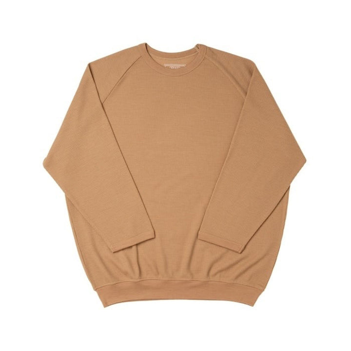 ハグオーワー　フロッキーpt.ドルマンスリーブスウェット teaベージュ DO MORE WITH LESS -THREE-QUARTER SLEEVE – BAMBOO SHOOTS ONLINE